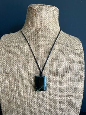 Genuine dark green nephrite jade Rectangular Pendant Necklace .
